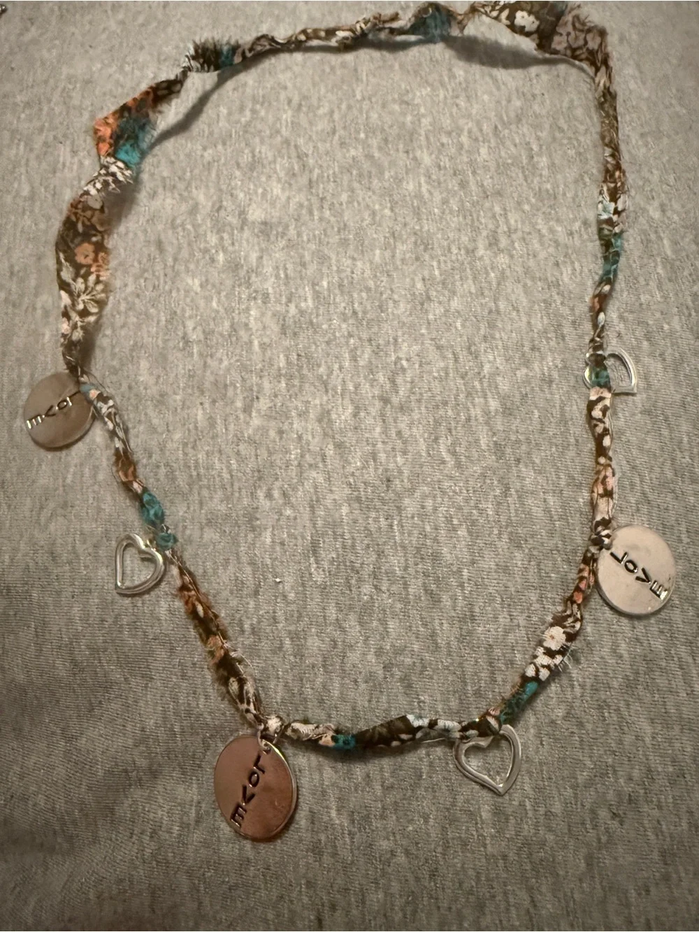 Boho Floral Fabric Necklace with Teal & Brown Accents & Silver Heart Love Charms - Picture 4 of 4